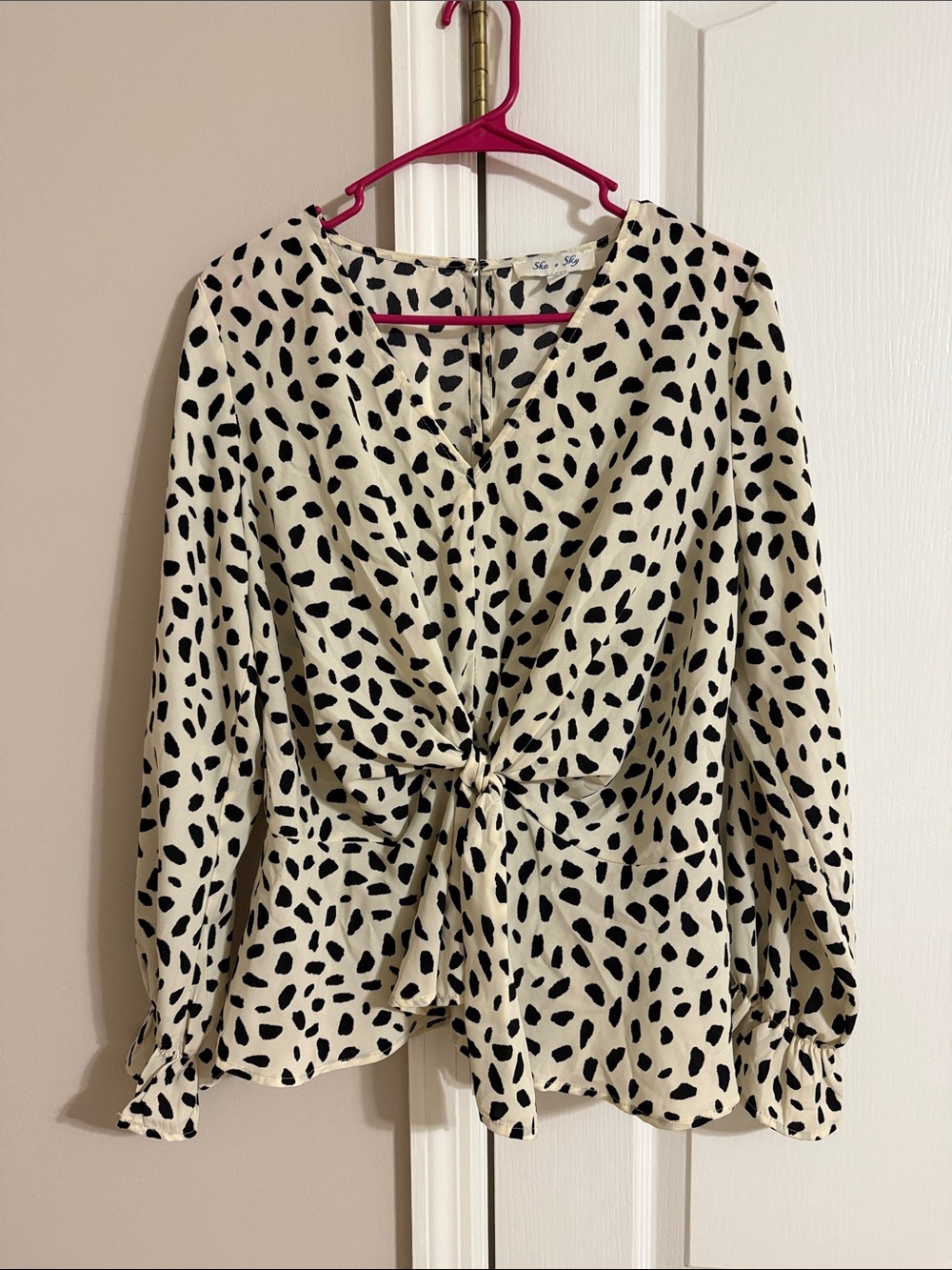 Polka Dot Twist-Front Long Sleeve Top - Cream/Black